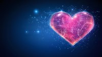 Digital heart with circuit pattern glowing in pink against dark blue background, connected by light points in futuristic network visualization.