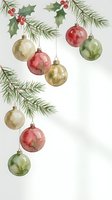Watercolor Christmas ornaments hanging from pine branches with holly leaves and berries on white background for holiday greeting cards and festive decorations.