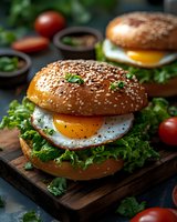 Gourmet breakfast sandwich with fried egg, fresh lettuce and sesame seed bun on wooden board. Healthy morning meal concept for restaurant menu design.