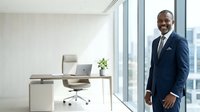 Middle-aged African American male executive in navy business suit standing confidently in modern office with floor-to-ceiling windows, minimalist desk, laptop and potted plant, suitable for corporate, leadership and business concepts.