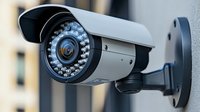 Modern security surveillance camera with infrared LED lights mounted on wall, close up view showing detailed lens and protective housing for monitoring systems.