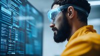 Middleographic display views data streams in yellow hoodie against blue digital interface background.