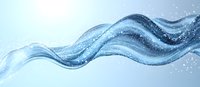 Flowing water wave with sparkling droplets and dynamic swirling motion against light blue background, abstract fluid design element for fresh concepts.