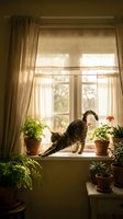 Tabby cat stretching on sunny windowsill surrounded by potted plants and flowers, with sheer curtains filtering warm natural light for home decor and pet lifestyle content.