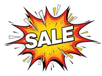 Comic book style sale explosion burst with bold lettering and dynamic starburst design for promotional marketing materials and advertising campaigns.