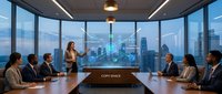 Professional businesswoman presenting financial growth data to diverse corporate team in modern conference room with city skyline view during evening meeting.