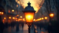 Vintage street lamp glowing at dusk with blurred city lights and walking people in background creating atmospheric urban evening scene.