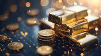 Stacked gold bars and coins on dark background with bokeh light effects, representing wealth, investment and financial success in luxury setting.