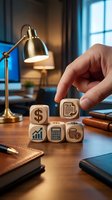 Hand placing wooden dice with financial symbols on office desk for tax planning and accounting concepts.