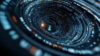 Futuristic circular data visualization with glowing center point and concentric rings displaying digital information in dark blue tones. Technology concept.
