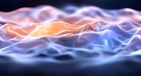 Abstract glowing waves in orange and blue colors creating dynamic flowing motion effect against dark background, suitable for technology and digital concepts.