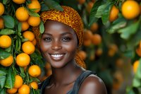 Young African woman in traditional headwrap smiling brightly near orange citrus trees in garden, fresh fruit harvest season, natural organic farming concept.