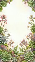 Watercolor botanical frame with succulents, ferns, and pink wildflowers on light background, copy space for text or greeting cards.