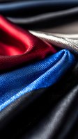 Luxurious silk fabric waves in red, blue and black colors with soft folds creating elegant texture and sheen. Close-up macro photography shows fine textile details.