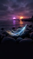Glowing feather floating above rocky coastline at sunset with dual suns creating purple and orange sky reflections on calm ocean waters.