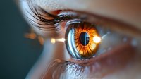 Extreme macro photography of human amber eye with long eyelashes and detailed iris pattern showing reflections and intricate eye structure in warm tones.