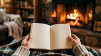 Person in cozy cabin holding open book near fireplace, warm blanket, relaxing reading environment, leisure activity.