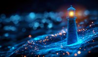 Glowing lighthouse beacon illuminates dark night with magical blue bokeh lights and sparkling ocean waves creating dreamy maritime atmosphere.