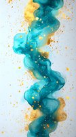 Flowing turquoise and gold abstract liquid art with splatter effect on white background. Luxurious marble texture with metallic accents for modern wall decor.