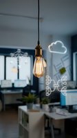 Modern office workspace with vintage Edison bulb pendant light and digital network icons overlay representing cloud computing and connectivity concepts.