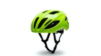 Bright neon yellow cycling helmet with black straps and ventilation slots, isolated on white background for sports safety and protective gear advertising.