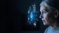 Senior businesswoman analyzing futuristic holographic data interface with digital charts and AI technology elements on dark background.