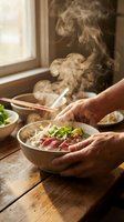 Adult male hands holding steaming bowl of Asian noodle soup with fresh vegetables and meat, prepared for meal service in warm kitchen setting.