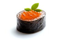 Fresh salmon roe sushi roll garnished with green leaves on white background, close-up view showing texture and detail of caviar and nori seaweed.