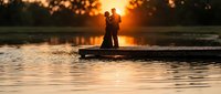 Romantic couple silhouette embracing on wooden dock at golden sunset over calm lake water creating perfect moment for love and connection.
