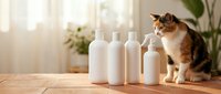 Curious tabby cat sitting beside white cosmetic bottles on wooden table in bright sunlit room with plants, pet-safe beauty products concept.