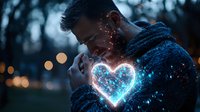 Young bearded Caucasian man in winter sweater with glowing magical heart shape and sparkles against dark bokeh background, romantic fantasy concept for valentines.