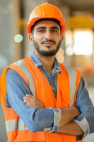 Confident construction worker in orange safety vest and hardhat with crossed arms, perfect for workplace safety, construction industry, or engineering projects.