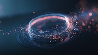 Glowing energy rings with floating luminous particles creating magical light trails against dark background. Dynamic motion effect with orange sparkles.