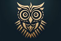 Stylized golden owl emblem with geometric tribal pattern on dark background, featuring symmetrical wings and circular eyes. Modern minimalist design for logos.