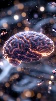 Glowing digital brain with neural network connections floating in dark space with bokeh lights and particles, representing artificial intelligence and mind power.