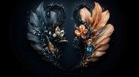 Artistic composition of contrasting feather arrangements in navy blue and peach tones, adorned with crystals and beads against dark background, for luxury design.