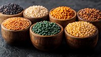 Colorful variety of raw lentils and legumes in wooden bowls on dark background. Healthy protein source collection includes red, green, yellow and black pulses.