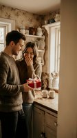 Happy couple sharing romantic moment with gift in cozy kitchen during holiday celebration, man surprising woman with present box.
