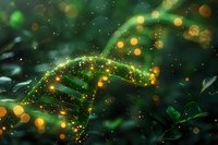 Magical glowing green leaf with golden bokeh lights and sparkles against dark nature background creates ethereal forest atmosphere. Great for fantasy designs.
