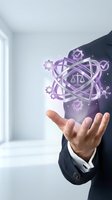 Businessman hand presenting purple digital legal technology sphere with justice scales and checkmarks for compliance and regulatory solutions.