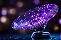 Glowing purple satellite dish with magical sparkles and bokeh lights against dark background creates mystical technological atmosphere.
