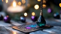 Mystical tarot card with glowing crystal pendant against blurred bokeh lights and candle, creating magical fortune telling atmosphere on wooden surface.