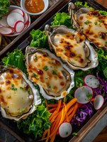 Fresh oysters topped with melted cheese and sauce, served on bed of lettuce with sliced radishes, carrots and purple cabbage garnish in wooden serving tray.