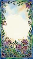 Watercolor floral frame with gold ornamental border, purple and blue flowers, green leaves, swirls, and blank center space for text or design.