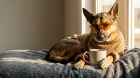 Small mixed breed dog wearing cozy knit sweater relaxing on bed with coffee mug in warm sunlight streaming through window creating peaceful morning atmosphere.
