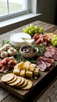 Gourmet charcuterie board with assorted meats, cheeses, crackers, grapes and jam on rustic wooden table by window for entertaining and appetizers.