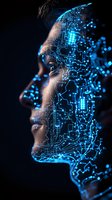 Female profile with glowing blue circuit patterns overlaid on skin, representing artificial intelligence and digital transformation against dark background.