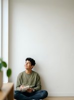 Young man with dark curly hair and olive skin tone sitting cross-legged against white wall, holding open book, wearing olive sweatshirt and jeans, looking upward thoughtfully. Suitable for education, learning, and lifestyle content.