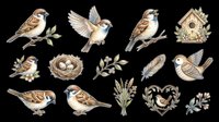 Sparrow clipart set with birds, nests, birdhouse, feather, and floral elements, isolated on transparent background. Great for stickers, t-shirt design, and print on demand.