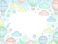 Whimsical hot air balloons and fluffy clouds frame with pastel colors on white background for baby shower invitations and nursery decor projects.